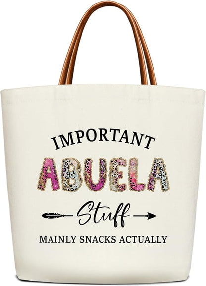 Canvas Tote Bag for Women, Important Stuff Bag with Leather Handle, Reusable Grocery Bags for Shopping Beach Travel
