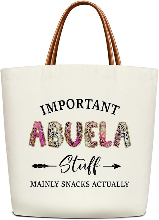 Canvas Tote Bag for Women, Important Stuff Bag with Leather Handle, Reusable Grocery Bags for Shopping Beach Travel