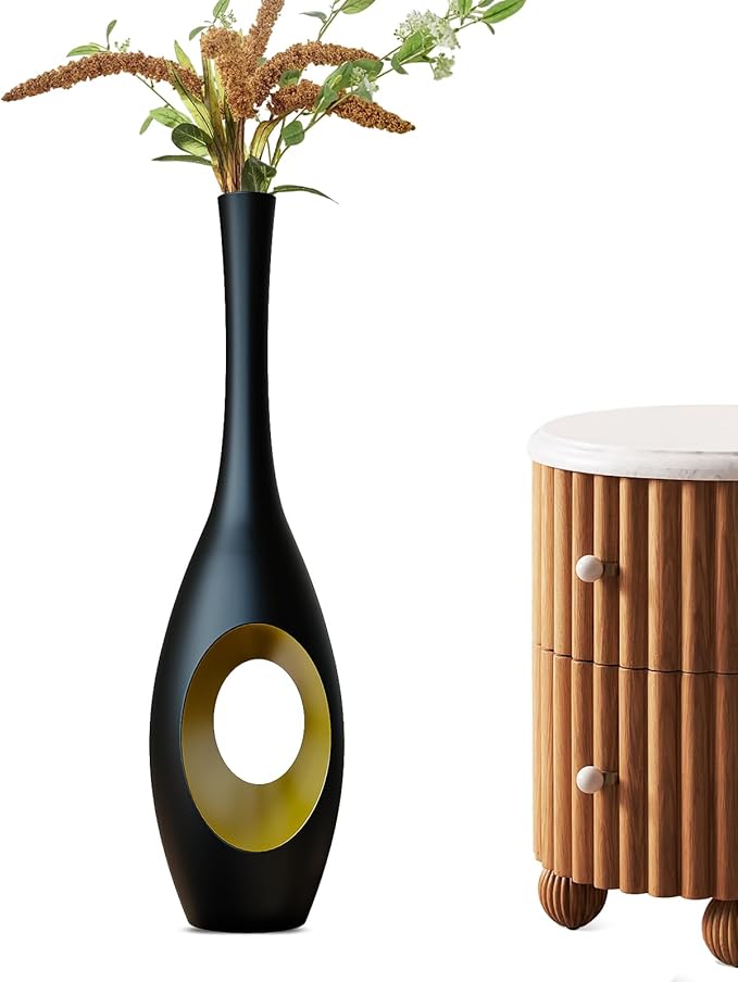 23.6 in Black Floor Vase – Modern Oval Tall Floor Vase with Gold Cutouts & Slim Neck, Decorative Vases for Luxury Home, Office, Wedding Decor – Resin Tall Vases