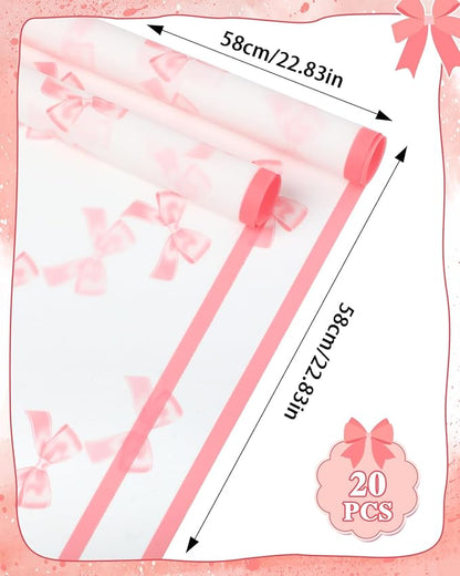 Liobelon 20 Sheets Flower Wrapping Paper Waterproof Bouquet Paper Bow Pattern Pink Gift Wrapping Paper for Flower Shop, Wedding, Birthday Party, Handmade DIY, Anniversary 22.8 x 22.8Inch
