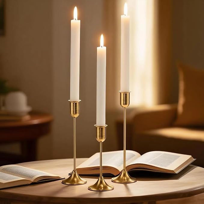 6 Pcs Brass Gold Candle Holders Set, Candelabra Tall Candle Stand, Metal Taper Candlestick Holders for Dining, Table Centerpieces & Vintage Home Decor– Housewarming Gift, Mantel Decor