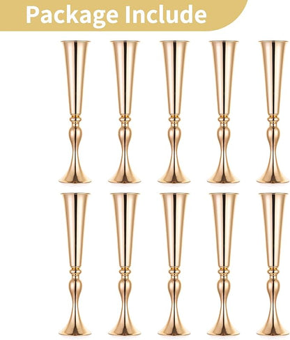 NUPTIO Gold Tall Centerpiece Table: 21.9" Trumpet Vases for Wedding Metal Flower Stand for Party Decorations Set of 10