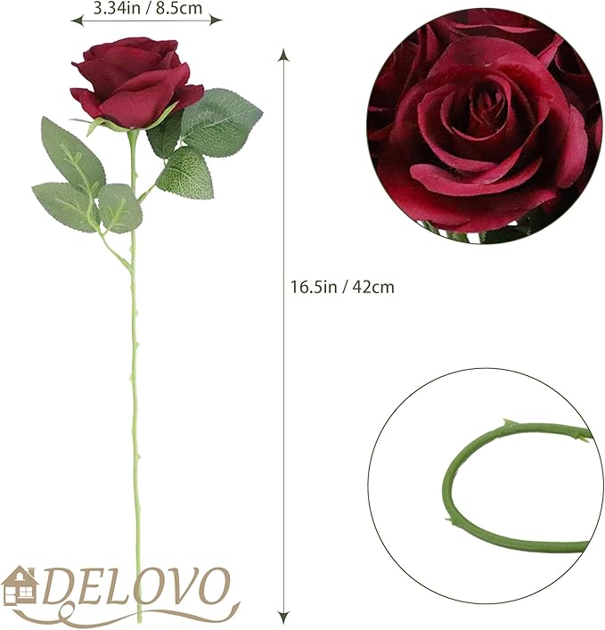 DELOVO 52pcs Burgundy roses artificial flowers Fake Flowers silk roses with Stems for DIY Wedding Bouquets Bridal Shower Centerpieces Arrangements Party Decorations