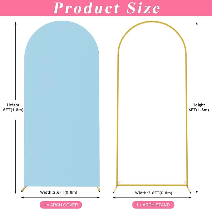 Putros 6ft Metal Arch Stand with Cover Dusty Blue Spandex Fitted Wedding Arch Cover and Round Top Chiara Backdrop Stand Set for Birthday Party Baby Shower Decoration
