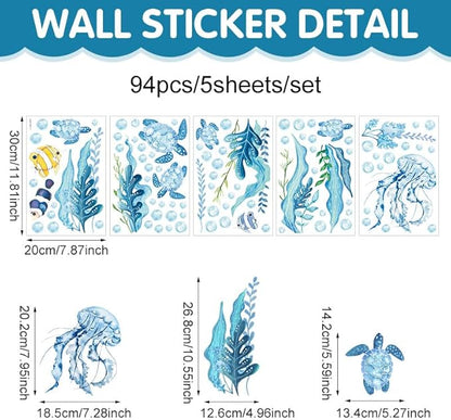 94 PCS of Marine Ecological Wall Decals,Under The Sea Bathroom Decor Wall Decals,Sea Turtles,Jellyfish,Clownfish, and Aquatic Plants Create an Underwater World Atmosphere,for Children's Rooms