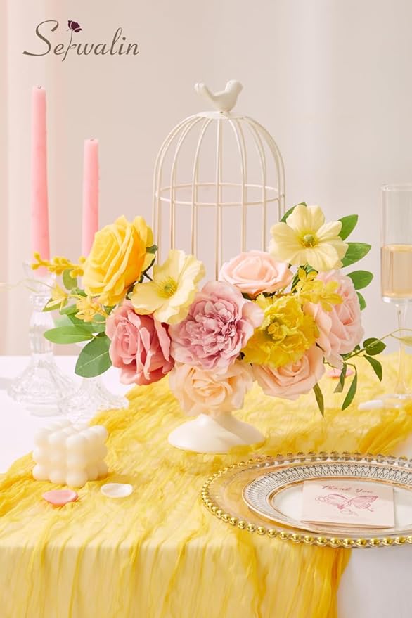 Serwalin Artificial Flowers,Pink Yellow Silk Fake Flowers Box for DIY Wedding Bridal Bouquet, Wedding Cake Flowers for Table Centerpieces Birthday Party Bridal Shower Home Decorations