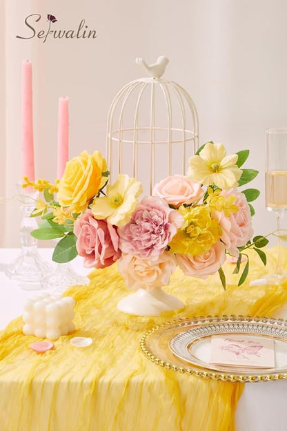 Serwalin Artificial Flowers,Pink Yellow Silk Fake Flowers Box for DIY Wedding Bridal Bouquet, Wedding Cake Flowers for Table Centerpieces Birthday Party Bridal Shower Home Decorations
