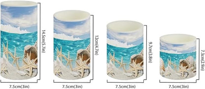 LED Flickering Candles Battery Operated Candles Set of 4 with Remote Control Timer Dancing Flame Pillar Candles Home Table Coastal Decoration, Beach Sky with Starfish