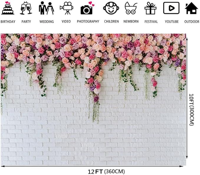 LTLYH 12x10ft White Brick Wall Backdrop Pink Flowers Backdrops Girls Birthday Party Weeding Bridal Shower Anniversary Ceremony Decor 134……