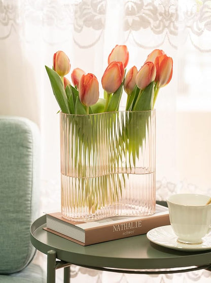 Glass Vase for Centerpieces,Modern Large Vase for Flowers,Footprint Shape Striped Bottle for Home,Office Restaurant Desk Decor 8.3 Inch(Pink)
