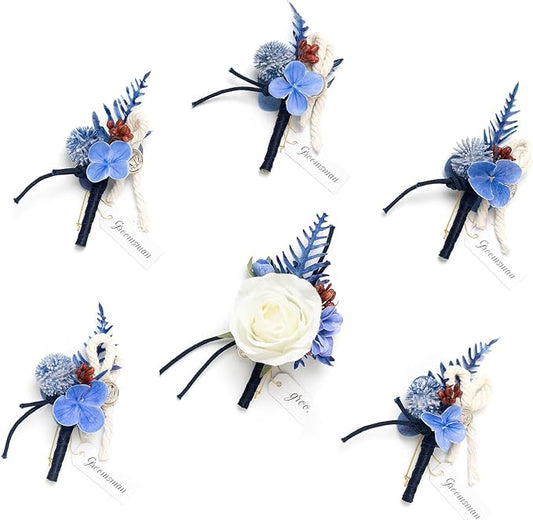 Ling's moment Boutonniere for Men, 6pcs Groom Groomsmen Boutonniere, Artificial Flowers for Wedding Decor/Prom/Homecoming, etc.Navy Blue White
