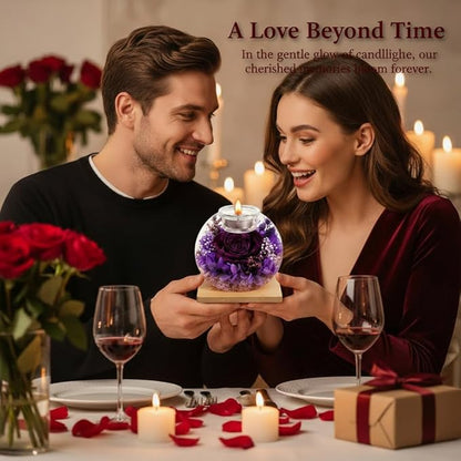 Eternal Preserved Real Rose, Glass Dome Gift Set with 18 Scented Candles (9 Rose,9 Vanilla), Mother's Day Valentine Christmas Birthday Gift for Women Mom Girlfriend Wife Home Decor (Dark Purple)