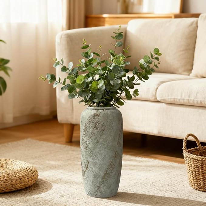 15.7 Inch Rustic Ceramic Tall Floor Vase, Slim Tapered Rustic Farmhouse Vase for Dried Stems & Pampas, Neutral Beige Decorative Vase for Living Room