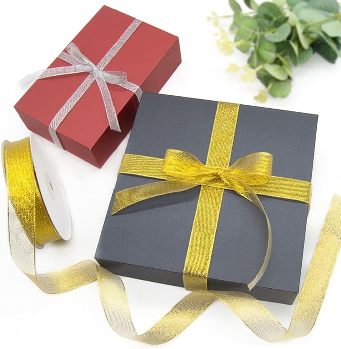 KMER LIFE 1 Inch x 50 Yards Glitter Gold Ribbon, Sparkly Metallic Fabric for Gifts Wrapping, Crafts, Sewing, Decoration - Christmas, Valentine's Day