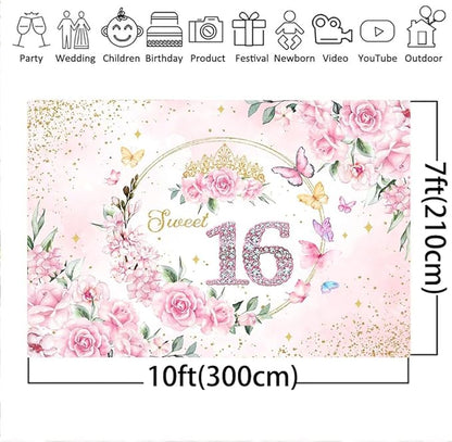 Mocsicka Sweet 16 Backdrop Rose Gold Sweet Sixteen Party Decoration Girls Pink Floral Gold Glitter Butterfly 16 Birthday Banner for Photoshoot (10x7ft)