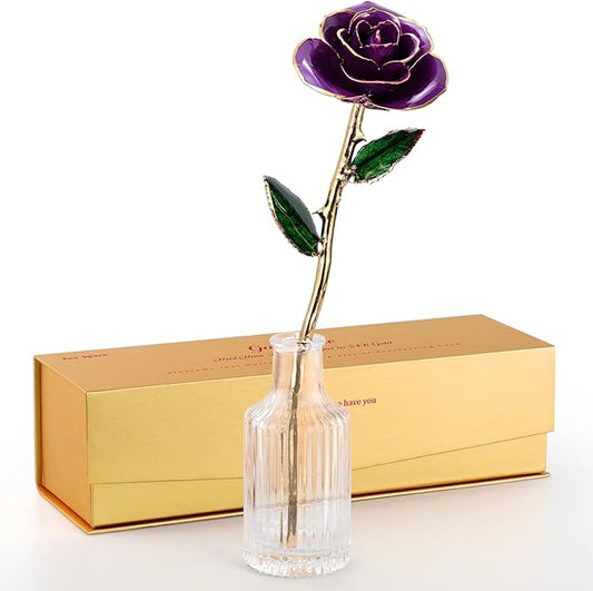 24K Gold Dipped Rose – Handpicked Real Rose in 24K Gold – Regal, One-of-a-Kind Romantic Gift for Her – Perfect for Birthday, Anniversary, Mother’s Day, Valentine’s (Purple)