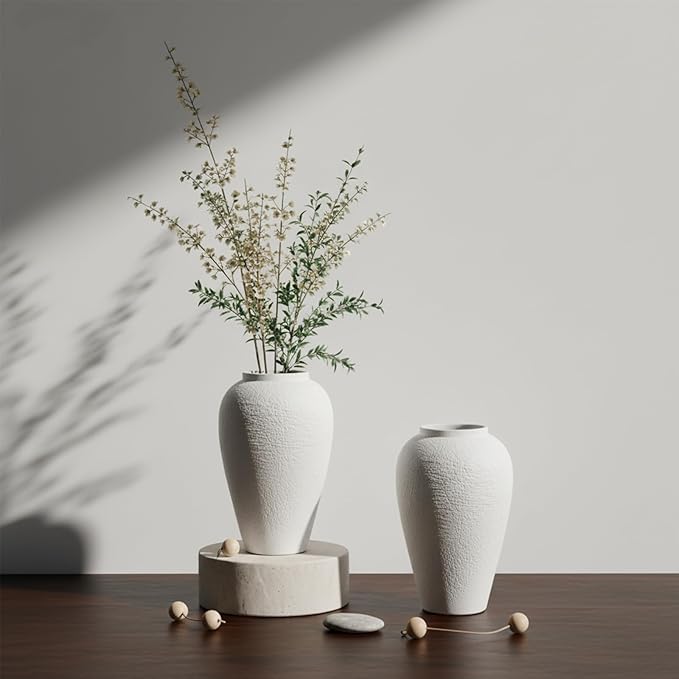 Vintage Ceramic Vase, Minimalist Texture Stone Patterned White Flower Vase, Decorative Vase for Living Room Shelf Farmhouse Dining Table Centerpiece Decor (White Texture 10.4'')