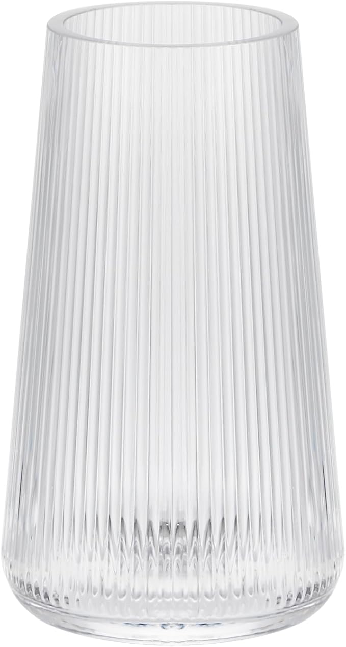 8" High Clear Glass Vase for Flower, Flower Vase for Bouquet, Ribbed Vases, Modern Glass Vase for Living Room, Bedroom, Dinning Table, Wedding, Centerpiece (Clear, 4.3"x8")
