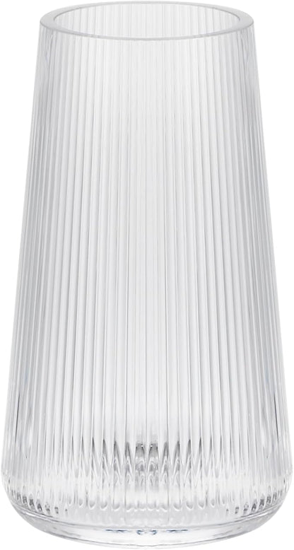 8" High Clear Glass Vase for Flower, Flower Vase for Bouquet, Ribbed Vases, Modern Glass Vase for Living Room, Bedroom, Dinning Table, Wedding, Centerpiece (Clear, 4.3"x8")