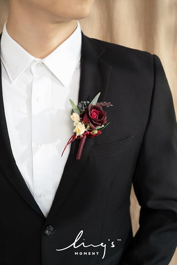 Ling's moment Boutonniere for Men, 6pcs Groom Groomsmen Boutonniere, Artificial Flowers for Wedding Decor/Prom/Homecoming, etc.Black Baccara Burgundy