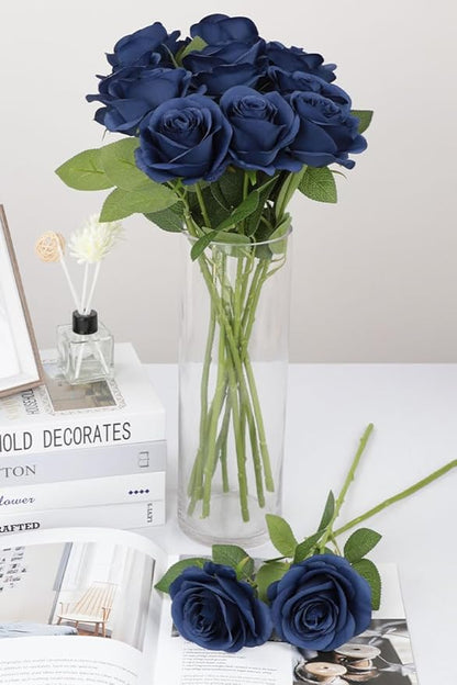 30pcs Roses Artificial Flowers Navy Blue Fake Roses Flowers with Long Stems Silk Flowers for Wedding Bouquet Centerpices Decorations Party Bridal Baby Shower Home Decor