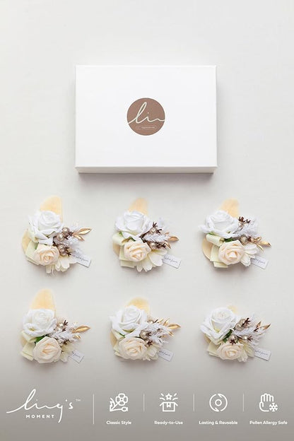 Ling's moment 6pcs Wedding Wrist Corsage Artificial Flowers, Girl/Mother Homecoming Prom Corsages Wristlet Décor, etc. Boho White Nude