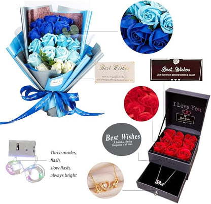 EIGHTOWN Roses Bouquet Artificial Flower - Preserved Blue Rose Flowers with Love Necklace for Her - Unique Gifts Valentine's Day, Mother's Day, Thanksgiving, Birthday, Anniversary