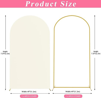 Putros 7.2ft Metal Arch Stand with Cover Ivory Spandex Fitted Wedding Arch Cover and Round Top Chiara Backdrop Stand Set for Birthday Party Baby Shower Decoration