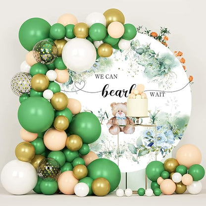 OERJU 5x5ft Bear Baby Shower Round Backdrop We Can Bearly Wait Lovely Photography Background Green Leaves Floral Circle Backdrop Cover Birthday Gender Reveal Party Decoration Photo Booth Props