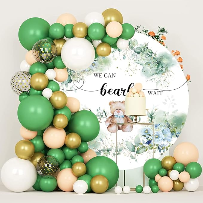 OERJU 7.5x7.5ft Bear Baby Shower Round Backdrop We Can Bearly Wait Lovely Photography Background Green Leaves Floral Circle Backdrop Cover Birthday Gender Reveal Party Decoration Photo Booth Props