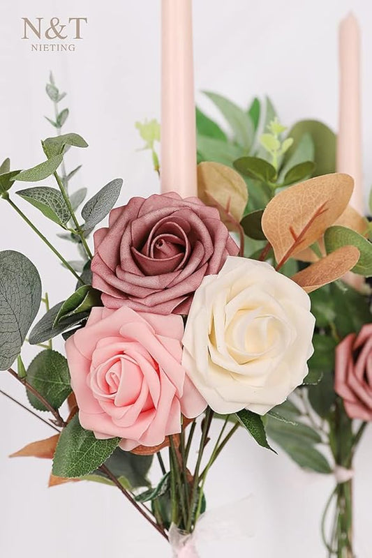 N&T NETING Artificial Flowers Roses 25pcs Real Looking Fake Spring Roses Stem for DIY Wedding Bouquets Centerpieces Arrangements Home Decorations Party Baby Shower Shades of Dusty Rose, Pink & Cream
