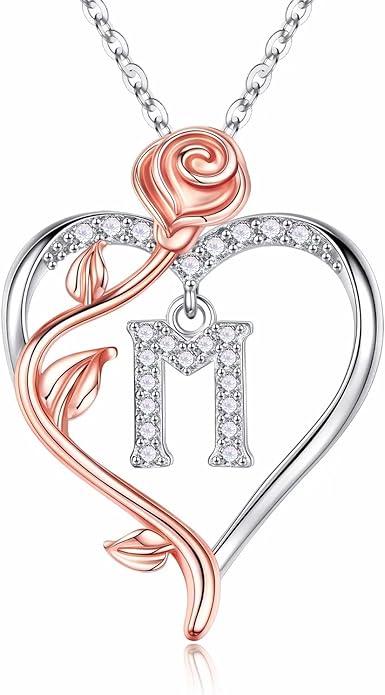 Iefil Christmas Gifts for Women Wife - 925 Sterling Silver Rose Heart Initial Necklace, Anniversary Birthday Gifts for Women, Jewelry Gift for Her Wife Girlfriend Mom Daughter