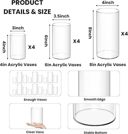 12 Pcs Acrylic Cylinder Vases 4,6,8 Inch Tall Clear Acrylic Flower Vases Bulk Floating Candle Holders Cylinder Plastic Vases for Centerpiece Table Wedding Home