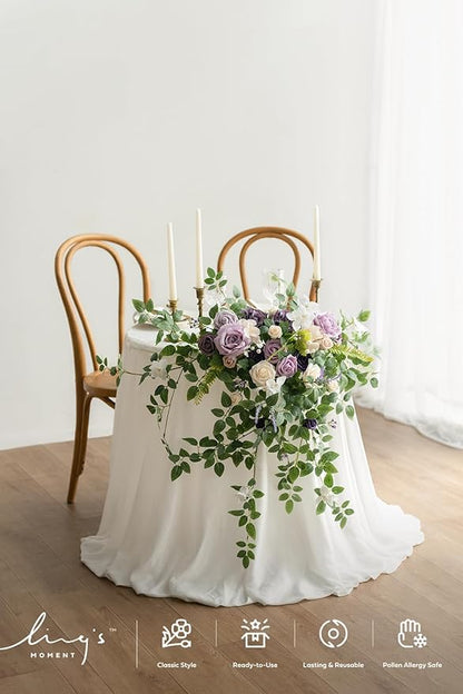 Ling's moment 2PCS Artificial Floral Swags Centerpieces Wedding Flower Purple Rose Garland Greenery Arrangements for Sweetheart Head Table Decor Car Wall Window Arch Garden Decor Lilac & Gold