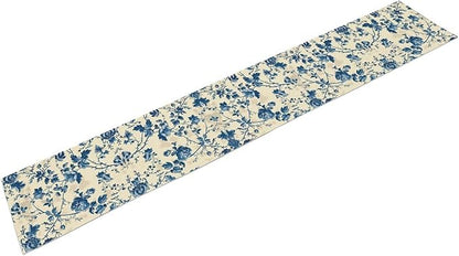 Vintage Floral Table Runner, Retro Blue Flowers Farmhouse Design Table Runner for Kitchen Dining Holiday Party Decor, 13x90 Inch