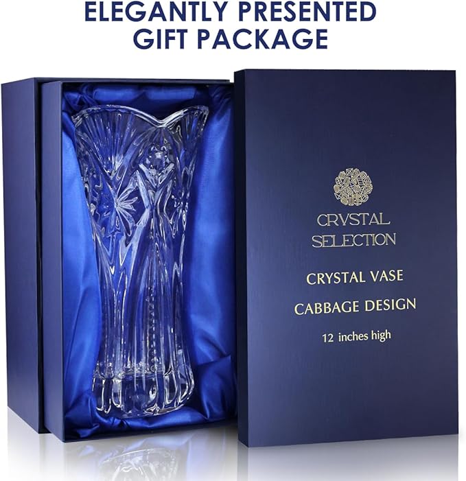 CS Crystal Vase 12-inch high, Cabbage Design, for Flowers & Decor. Lovely Nice Shiny Piece. Perfect as a Gift, Suitable for All Occasions