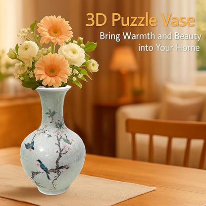 3D Puzzle Vase, 160 Curved Pieces DIY Flower Vase Craft Kit & 3D Puzzles for Adults, Creative Jigsaw Art Project Home Décor Centerpiece, for Women, Mom (Green Plum Blossom & Birds)