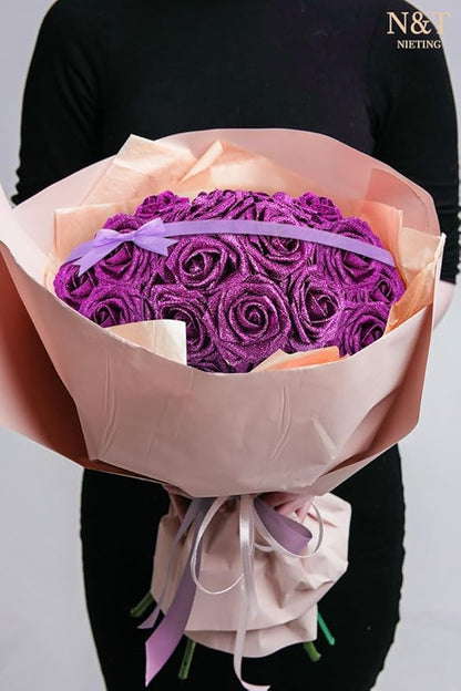 N&T NIETING Artificial Flowers Glowing Purple Flowers Foam 25pcs Glitter Roses Real Looking Fake Roses with Stem for DIY Wedding Bouquets Centerpieces Bridal Shower Party Home Decorations