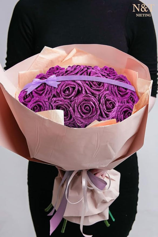 N&T NIETING Artificial Flowers Glowing Purple Flowers Foam 50pcs Glitter Roses Real Looking Fake Roses with Stem for DIY Wedding Bouquets Centerpieces Bridal Shower Party Home Decorations