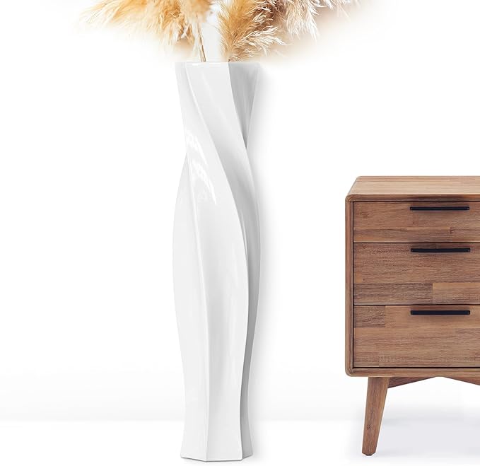 Tall Vases - 23.6" Tall Floor Vase for Home Decor, Floor Vases, Black Hexagon Twist Floor Vase, Fits Into Hay/Pampas Grass, Living Room, Office, Wedding Decor (White)