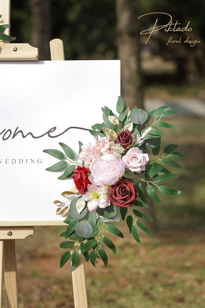 Faux Flower Swag Set of 2 for Wedding Welcome Signs Floral Swag Wedding Reception Ceremony Signs Decor (A-Burgundy Pink)