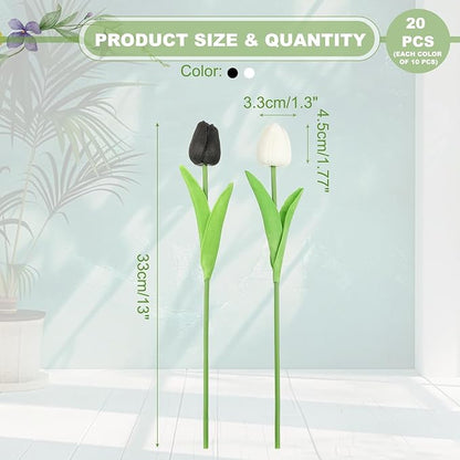 uxcell 20pcs Tulips Artificial Flowers, Faux Flowers Silk Fake Tulip Stems Real Touch for Wedding Bouquet Centerpiece Table Party Decoration(Black, Pure White)