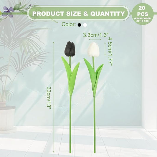 uxcell 20pcs Tulips Artificial Flowers, Faux Flowers Silk Fake Tulip Stems Real Touch for Wedding Bouquet Centerpiece Table Party Decoration(Black, Pure White)