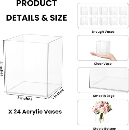 24 Pack Acrylic Vases, 4 Inch Clear Cube Acrylic Vase Bulk Small Square Plastic Flower Vase Container Unbreakable Plastic Vases for Centerpiece Home Table Wedding