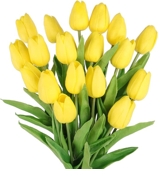 Beferr Tulips Artificial Flowers 18Pcs Faux Tulip Real Touch Tulip Fake Flowers Bouquets Arrangements for Mothers Day Spring Easter Home Wedding Table Decor Yellow