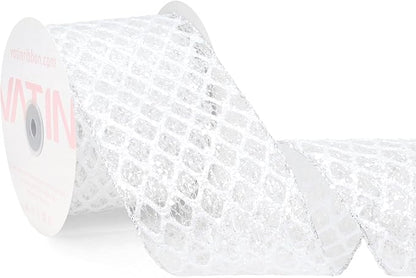 VATIN 4" White Christmas Ribbon, White Glitter Mesh Diamond Web Sequin Dots Wired Christmas Ribbon for Gift Wrapping Bow Making Wreath Supply-10 Yards