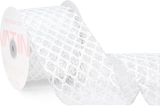 VATIN 4" White Christmas Ribbon, White Glitter Mesh Diamond Web Sequin Dots Wired Christmas Ribbon for Gift Wrapping Bow Making Wreath Supply-10 Yards