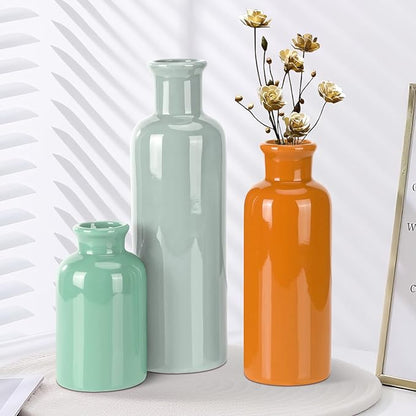 Small Ceramic Vase Set of 3, Boho Modern Flower Vase Room Decor, Farmhouse Decor, Vases for Your Kitchen, Bathroom, Bedroom, Living Room, Office&Shelf Centerpiece Table Decorations