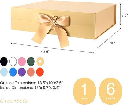 GREEN BEAN Large Gift Box with Lid for Present 13x9.7x3.4 Inches, Gold Magnetic Luxury Gift Box with Ribbon, Christmas Bridesmaid Proposal Gifts Box (Glossy Gold)