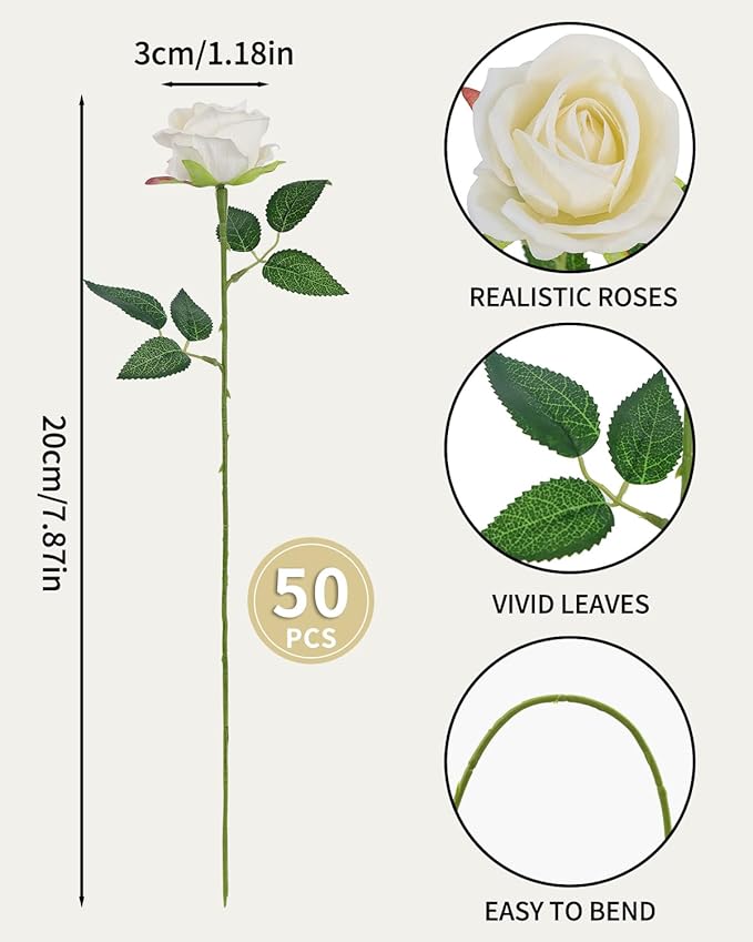 LFF 50 Pcs Realistic White Artificial Roses - Premium Velvet Faux Flowers for Wedding Bouquet, Centerpieces, Home & Party Decoration(White)